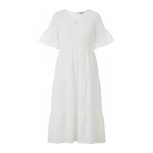 Green Envelope LA White Seersucker‎ Tiered Ruffle Sleeve Midi Dress Size XL